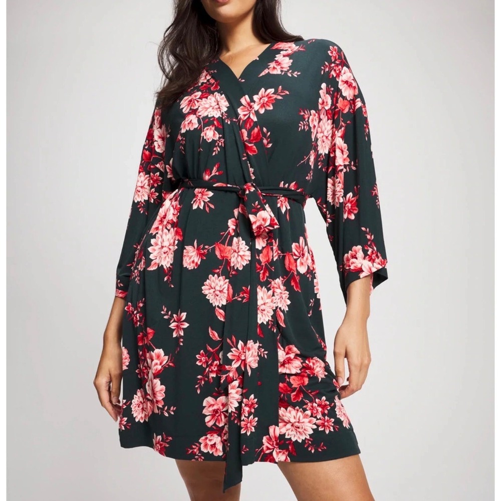 Soma Cool‎ Nights Floral Short Robe L/XL Black Red Pink Kimono Wrap Loungewear